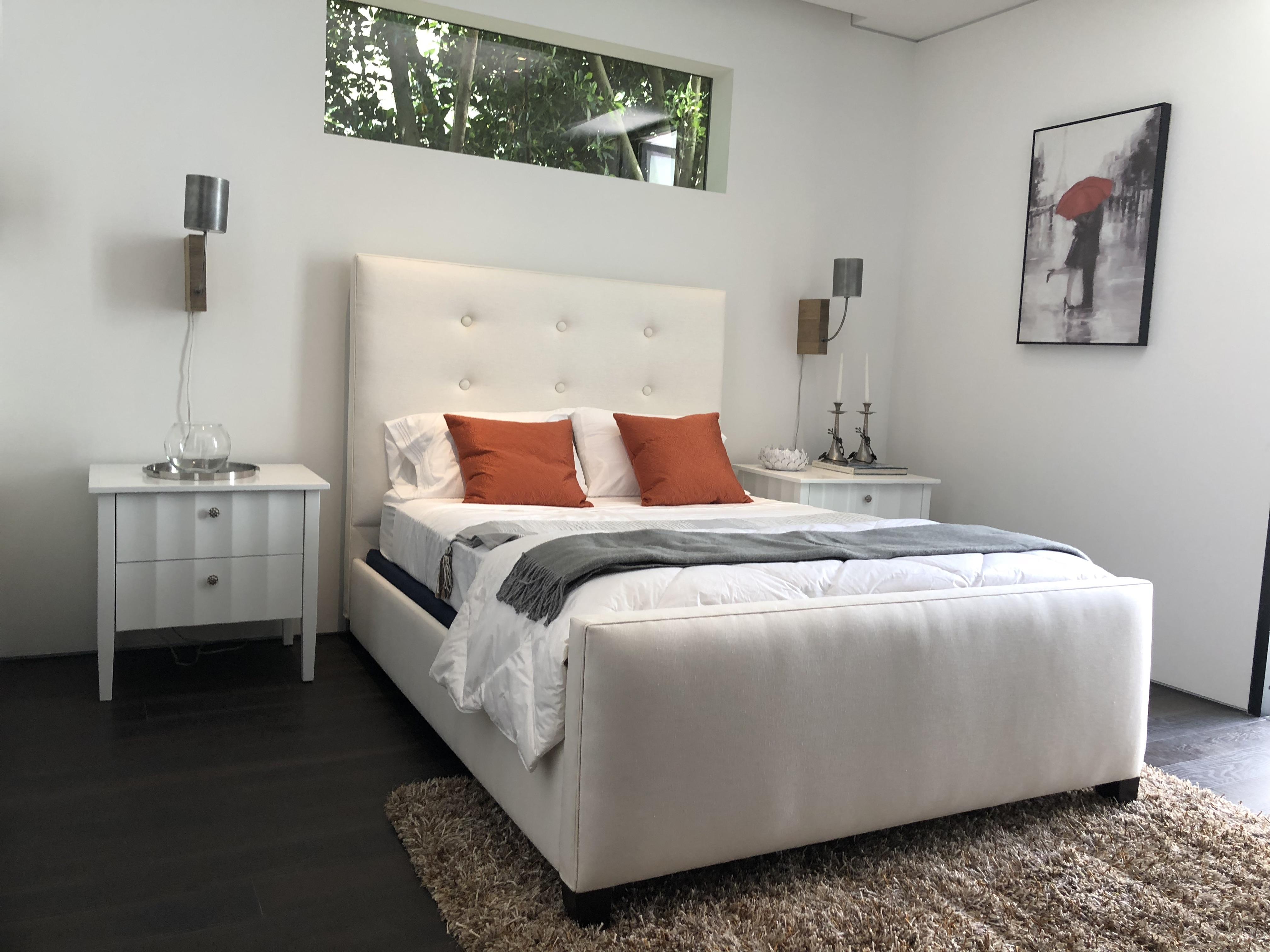 Contemporary Modern White Nightstands with Scalloped Detail on Drawers and Sides