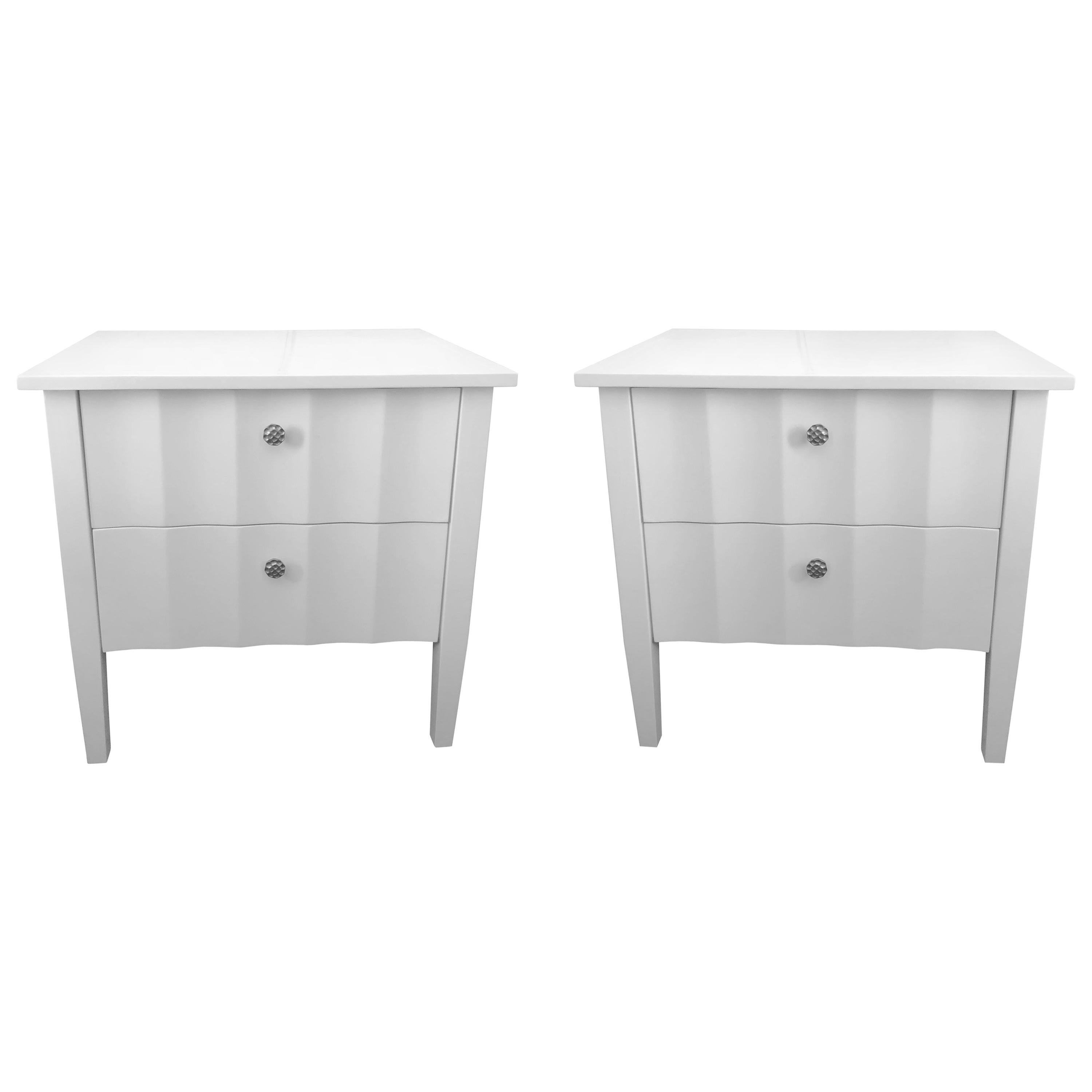 Modern White Nightstands with Scalloped Detail on Drawers and Sides