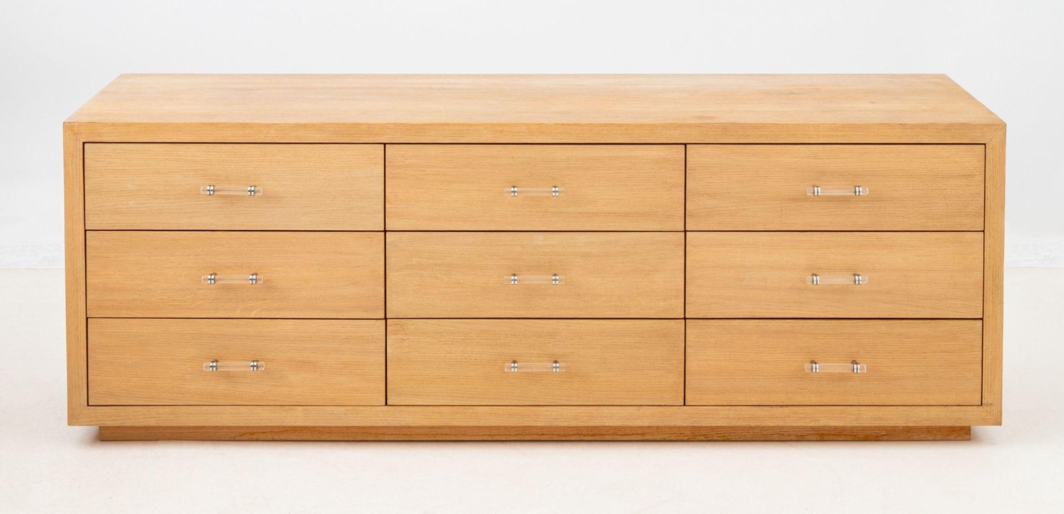 Modern White Oak Chest of Nine Drawers, with clear acrylic pulls. 26