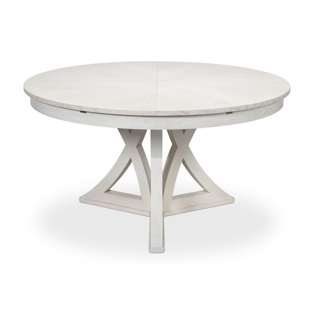 Crafted from oak in the working white oak finish, the table features a striking radial-patterned top and a unique, geometric base that blends elegance with contemporary style. 

With a re-engineered extension mechanism, crafted from durable extruded
