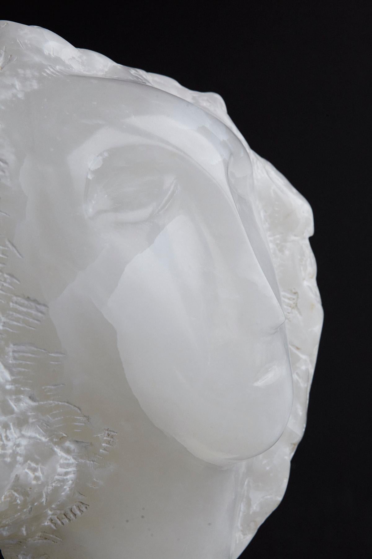 Modern White Onyx Sculpture of a Woman's Face on Marble Base, Unsigned For Sale 4