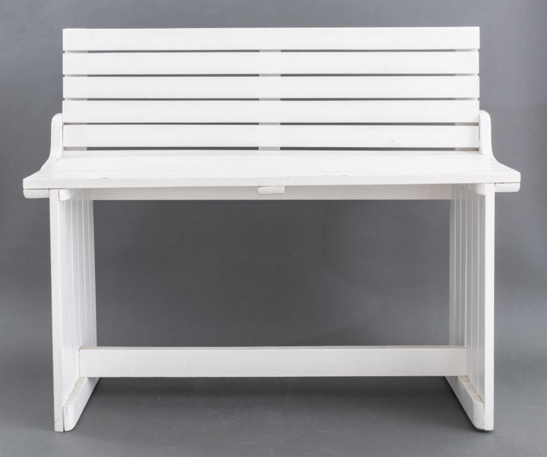 Modern white painted wood hallway bench with a backrest.

28.5 inches in height, 36 inches in width, and 13.5 inches in depth.