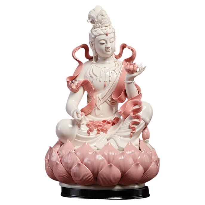 Modern White Porcelain Buddha in Pink Holding a Lotus Flower
