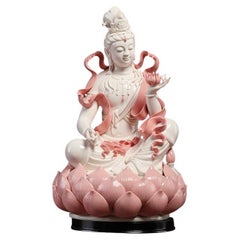 Modern White Porcelain Buddha in Pink Holding a Lotus Flower