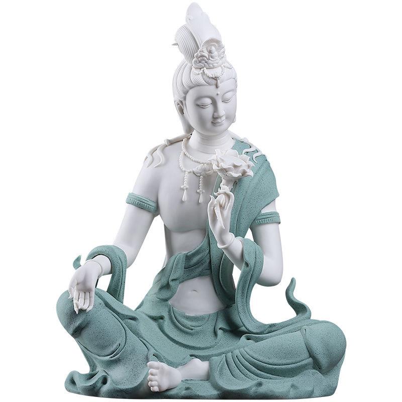Modern White Porcelain Sitting Buddha in Blue Robe Holding a Lotus Flower For Sale 7