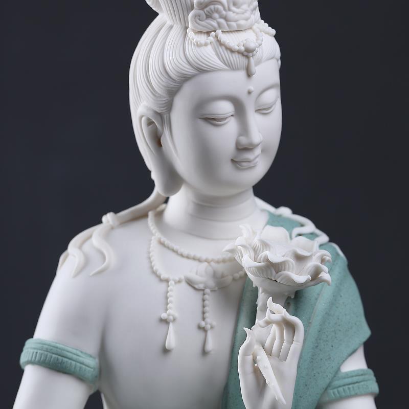 Modern White Porcelain Sitting Buddha in Blue Robe Holding a Lotus Flower For Sale 5