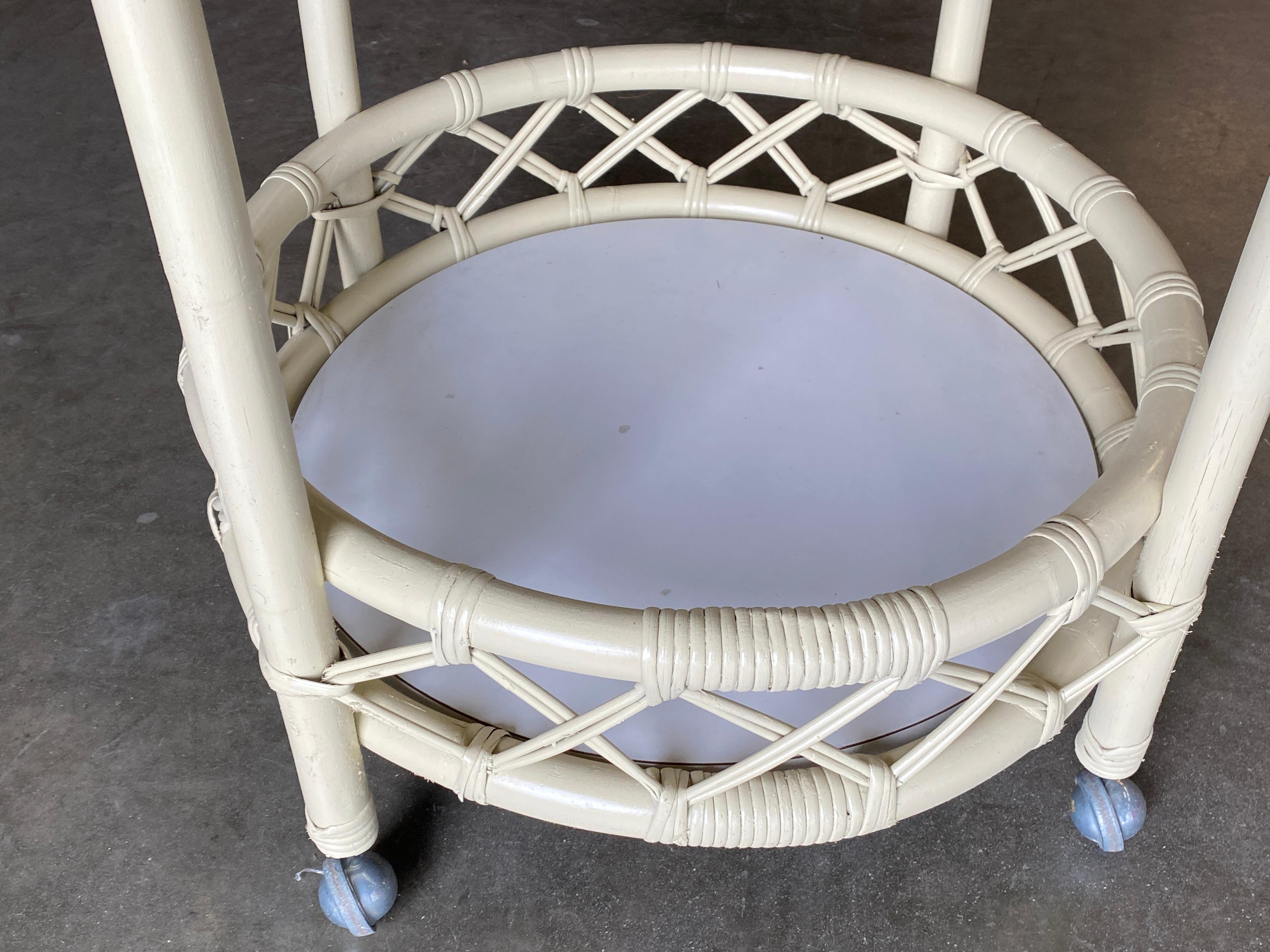 Mid-20th Century Restored Modern White Round Rattan and Mahogany Bar Cart