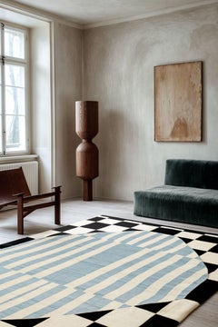 Modern White Rug Black & White Checkered Pattern Blue Stripes Memphis Style Insp
