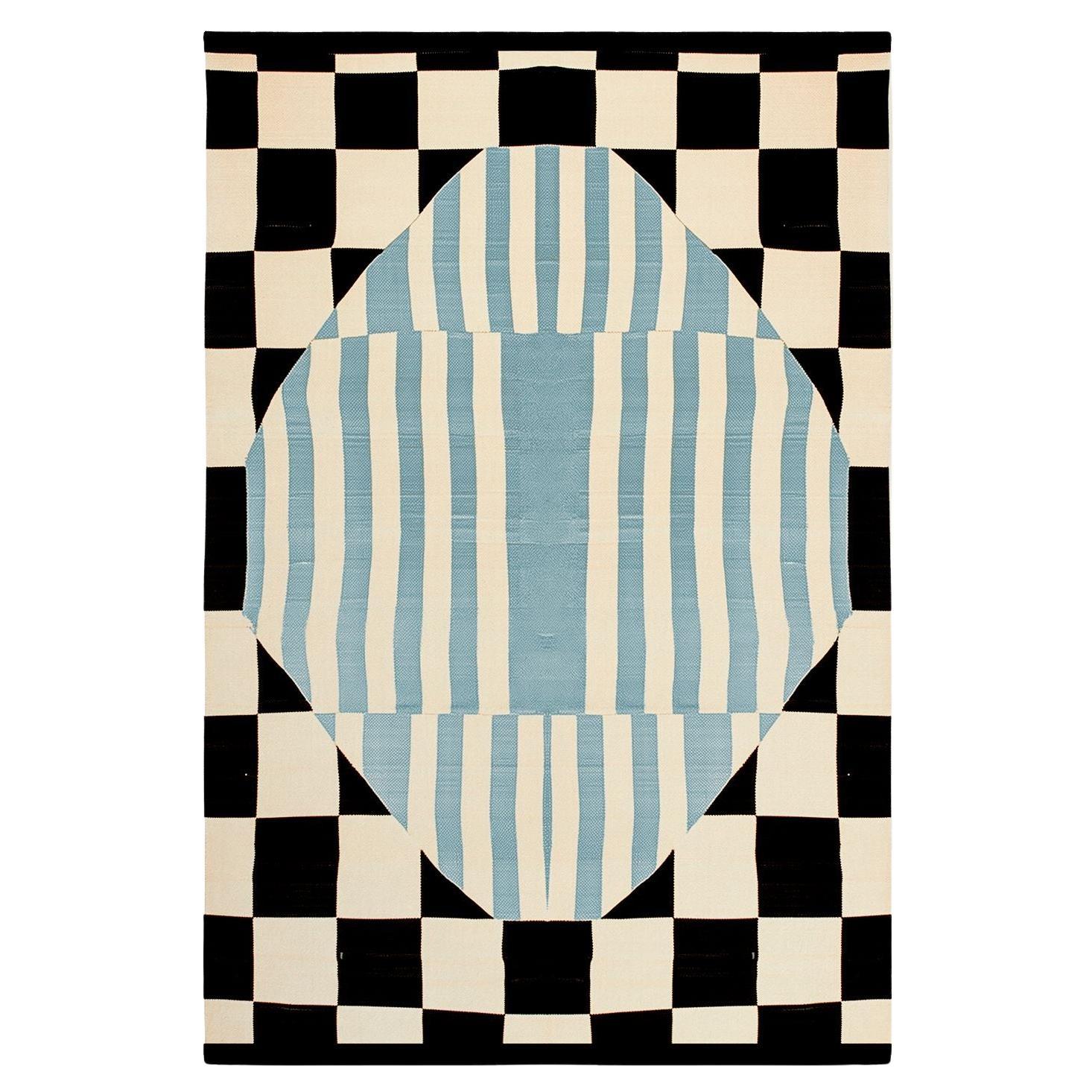 Modern White Rug Black & White Checkered Pattern Blue Stripes Memphis Style Insp