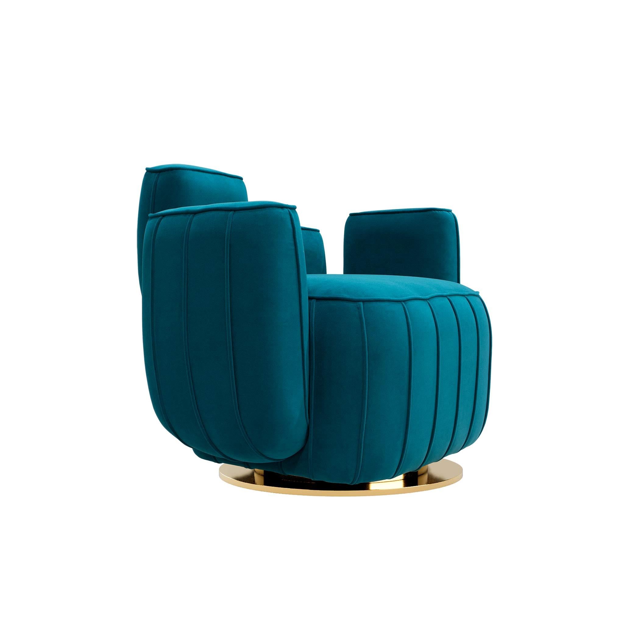 Contemporary Modern White Velvet Armchair Cactus Shape with Gold Swivel Base