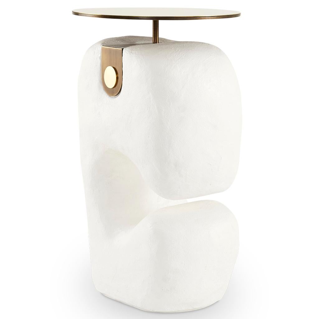 South African Modern White Yosemite Plaster, Hand Finished Yoruba Side Table with Brass Top M For Sale