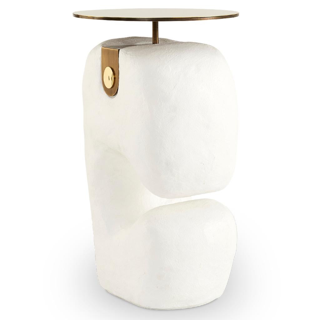Hand-Crafted Modern White Yosemite Plaster, Hand Finished Yoruba Side Table with Brass Top M For Sale