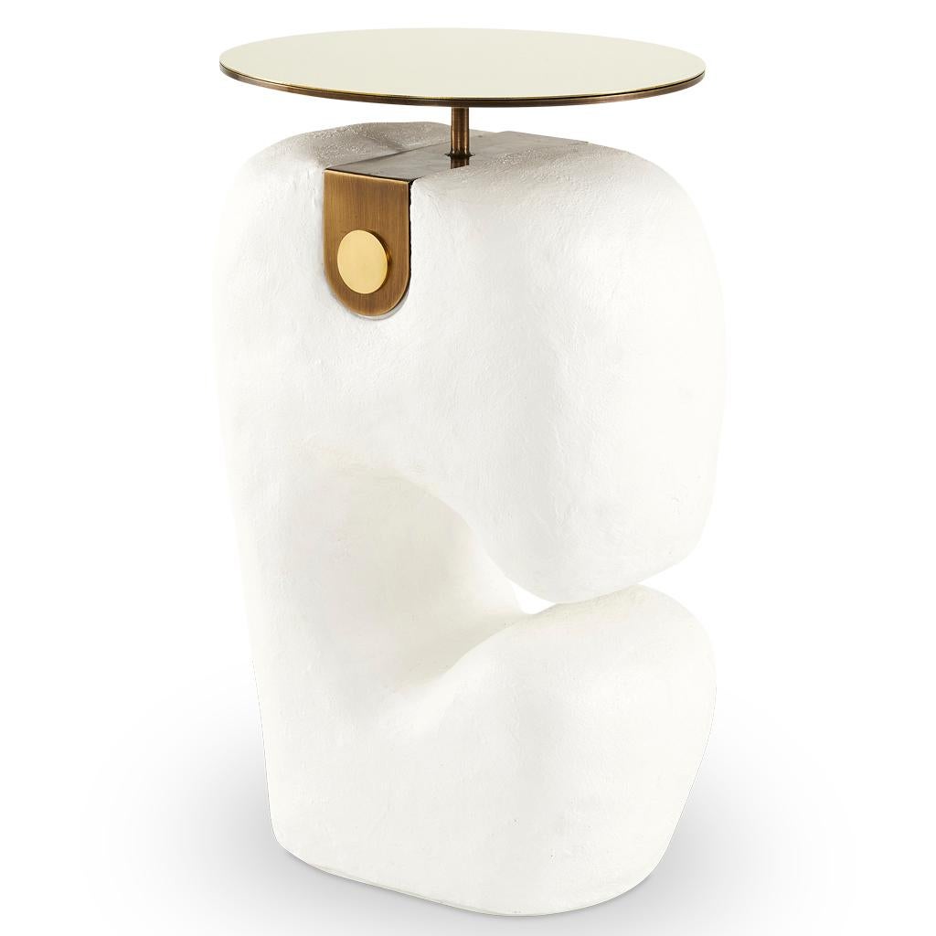 Modern White Yosemite Plaster, Hand Finished Yoruba Side Table with Brass Top M In New Condition For Sale In Bothas Hill, KZN