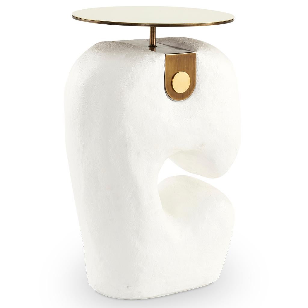 Contemporary Modern White Yosemite Plaster, Hand Finished Yoruba Side Table with Brass Top M For Sale
