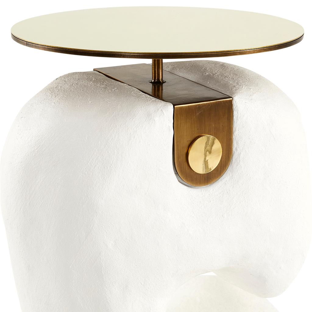 Modern White Yosemite Plaster, Hand Finished Yoruba Side Table with Brass Top M For Sale 1