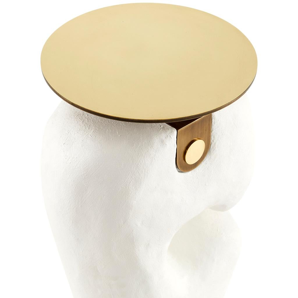 Modern White Yosemite Plaster, Hand Finished Yoruba Side Table with Brass Top M For Sale 2