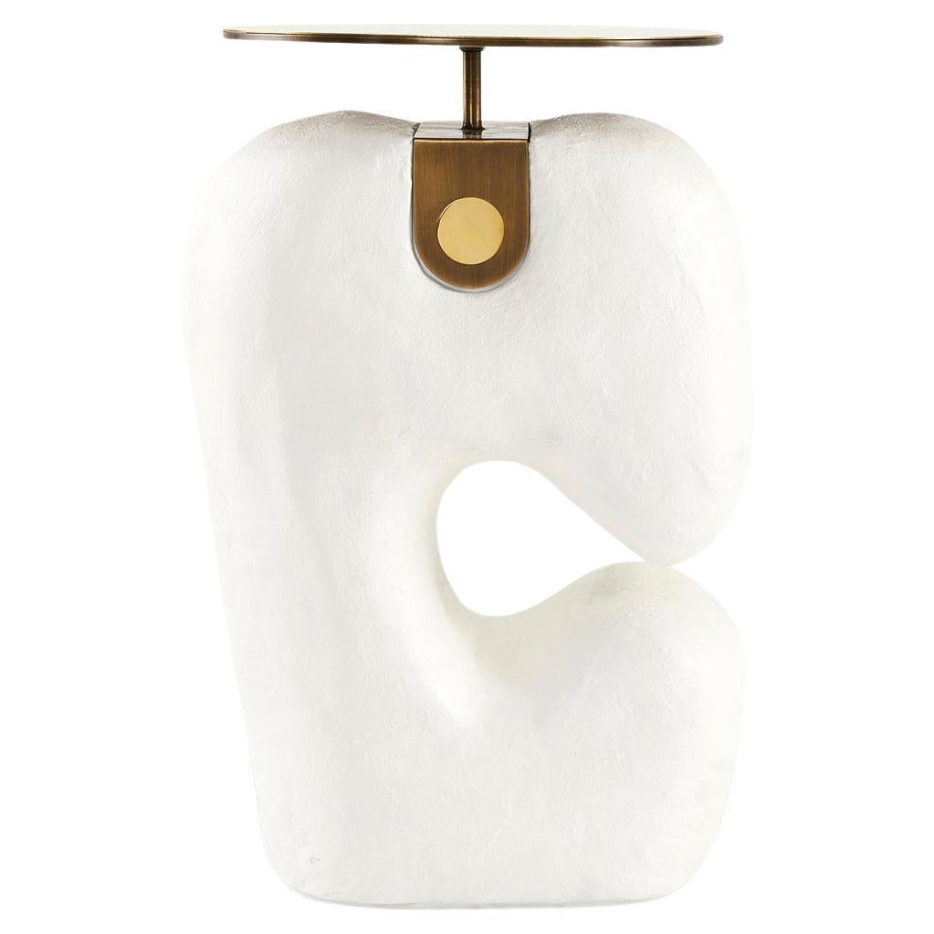 Modern White Yosemite Plaster, Hand Finished Yoruba Side Table with Brass Top M For Sale