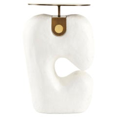 Modern White Yosemite Plaster, Hand Finished Yoruba Side Table with Brass Top M