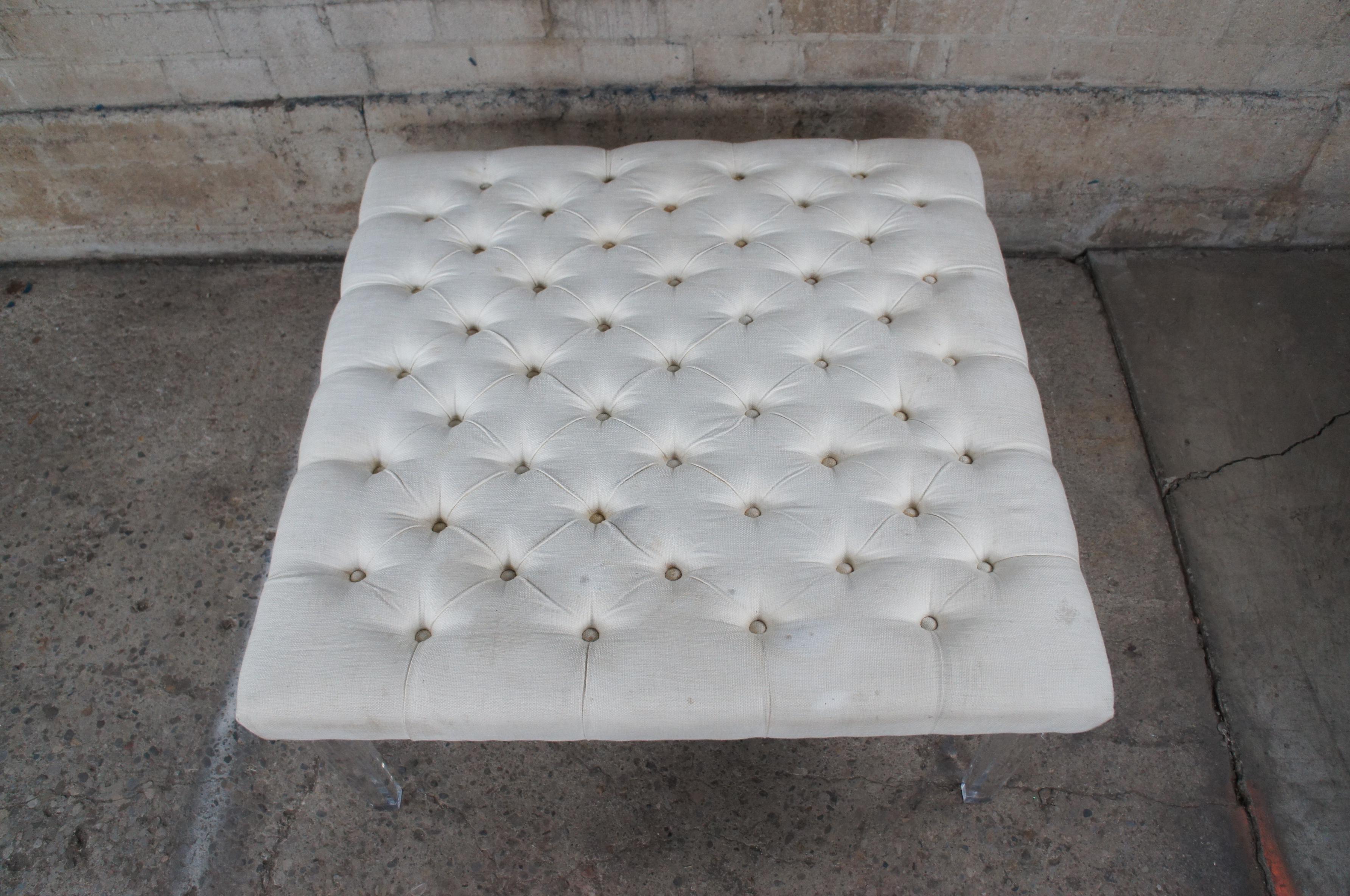 Modern Whited Tufted Square Ottoman or Coffee Table with Acrylic Legs In Good Condition For Sale In Dayton, OH