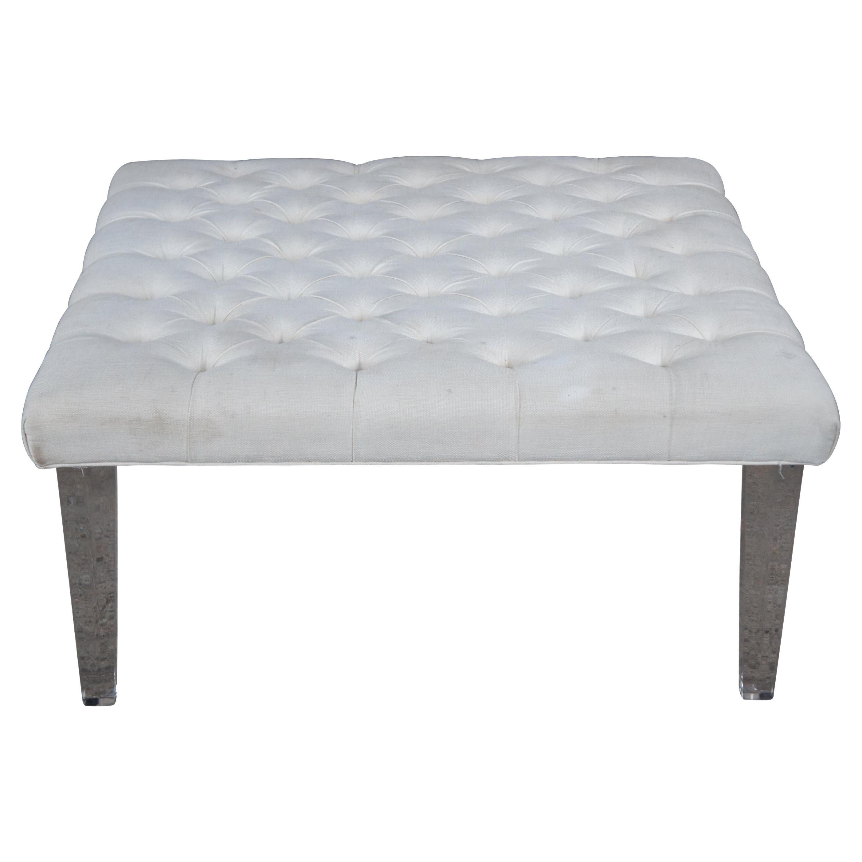 Modern Whited Tufted Square Ottoman or Coffee Table with Acrylic Legs For Sale