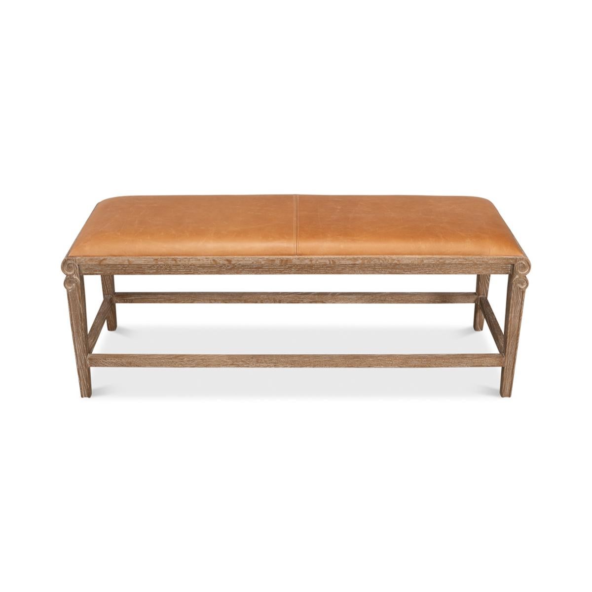Modern Whitewash and Leather Upholstered Bench For Sale 2