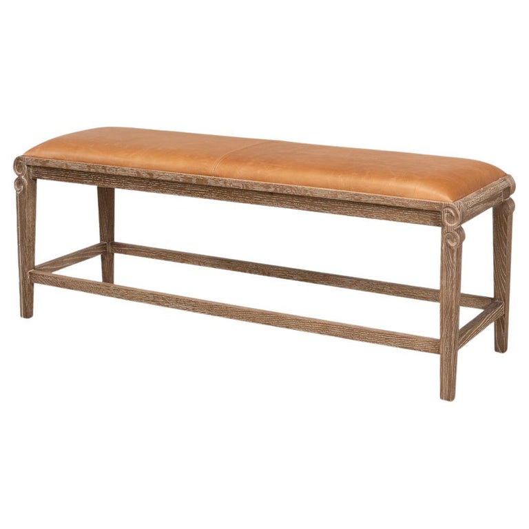 Modern Whitewash and Leather Upholstered Bench For Sale at 1stDibs
