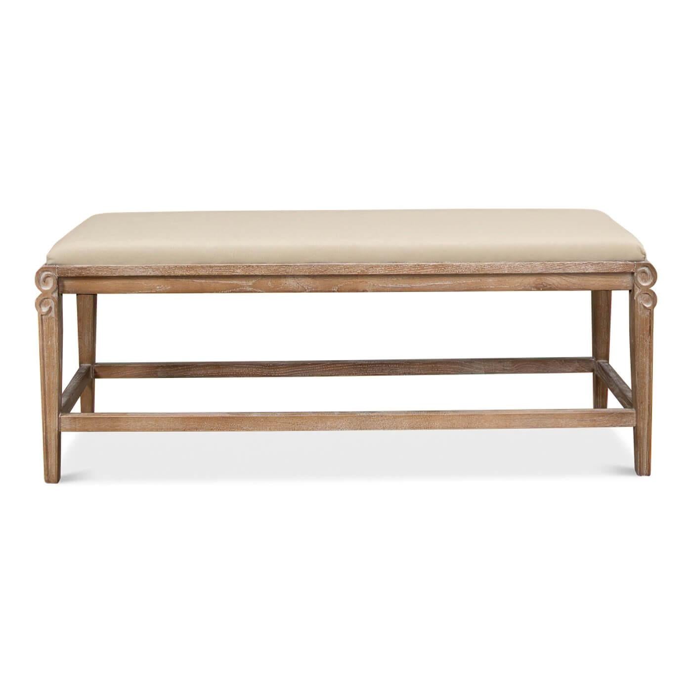 A modern whitewash and linen upholstered bench. This elegant bench has a beige linen-covered cushioned top and sits on a whitewashed oak frame with graceful lines.

Crafted in neutral colors with a versatile design, this bench can easily be enjoyed