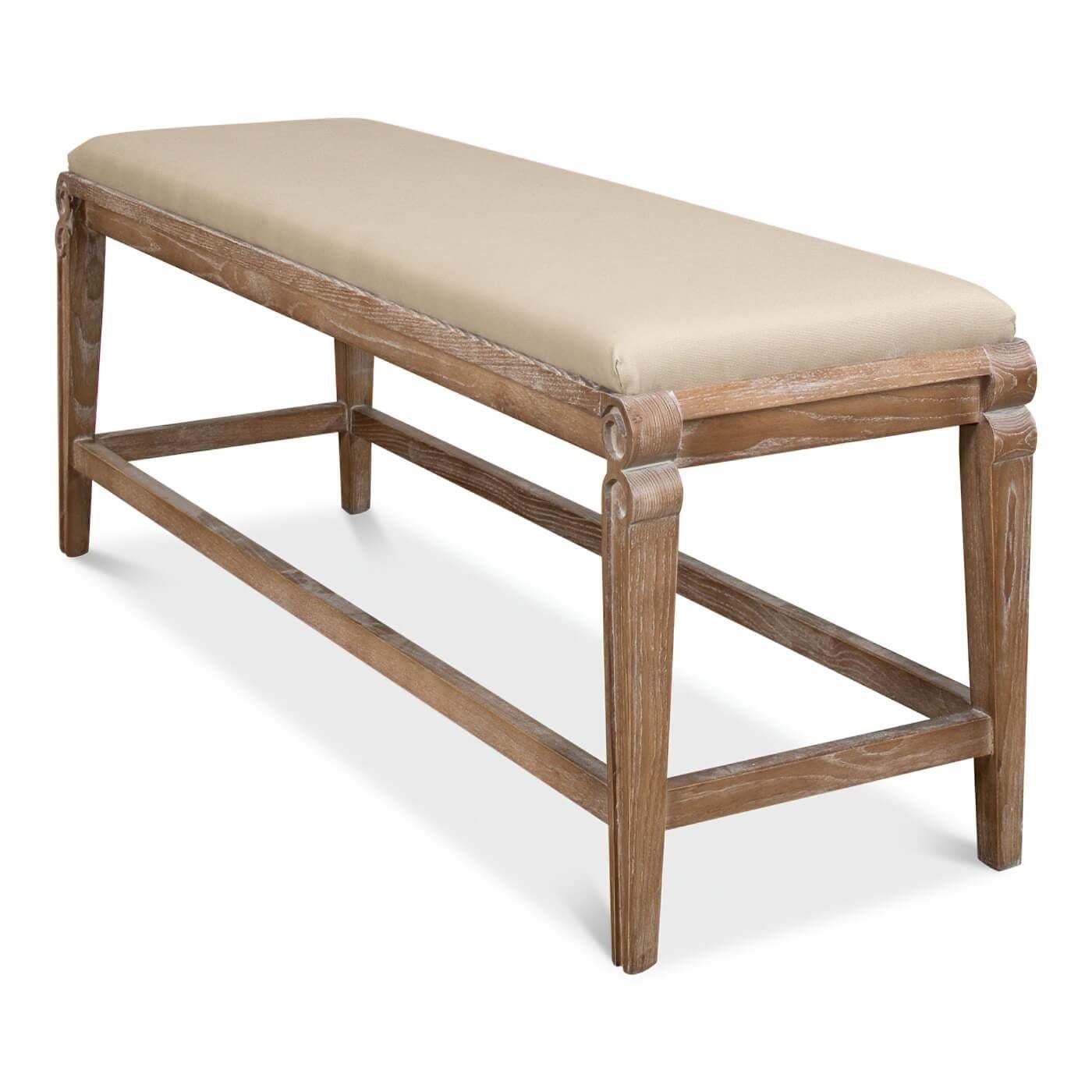 Asian Modern Whitewash and Linen Upholstered Bench For Sale