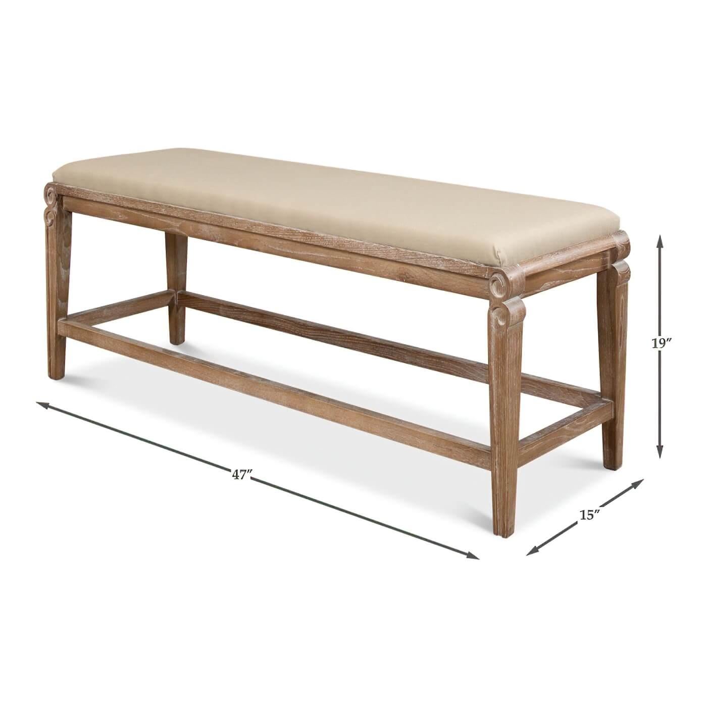 Contemporary Modern Whitewash and Linen Upholstered Bench For Sale