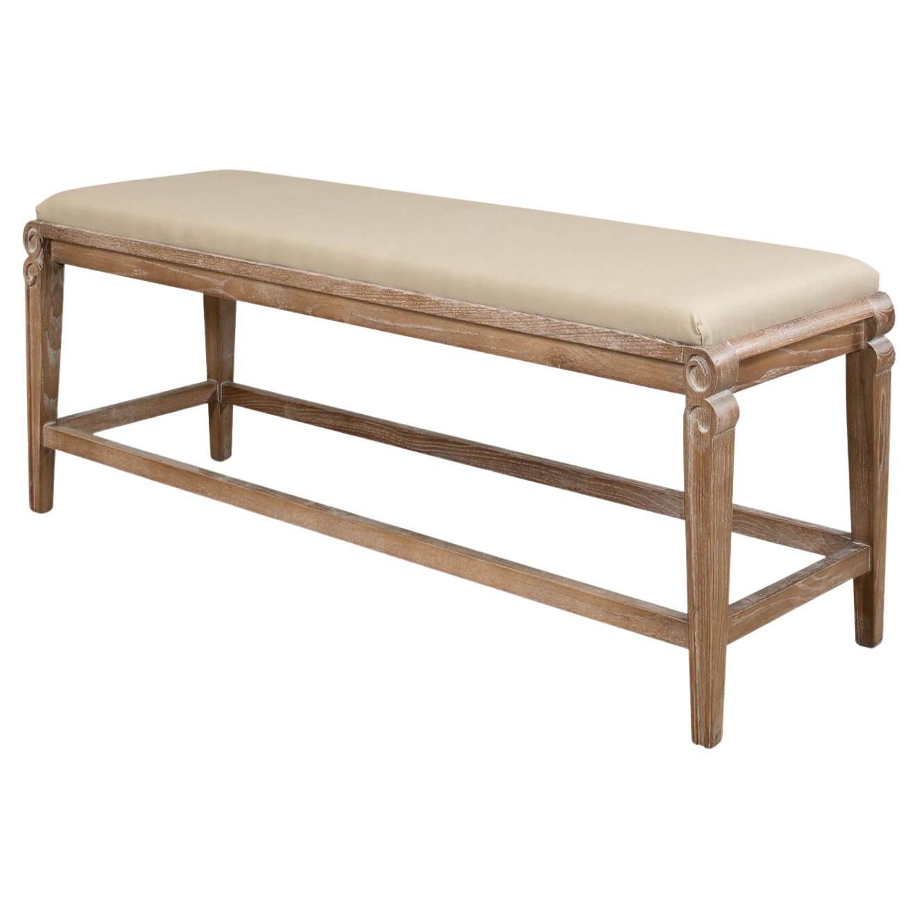 Modern Whitewash and Linen Upholstered Bench