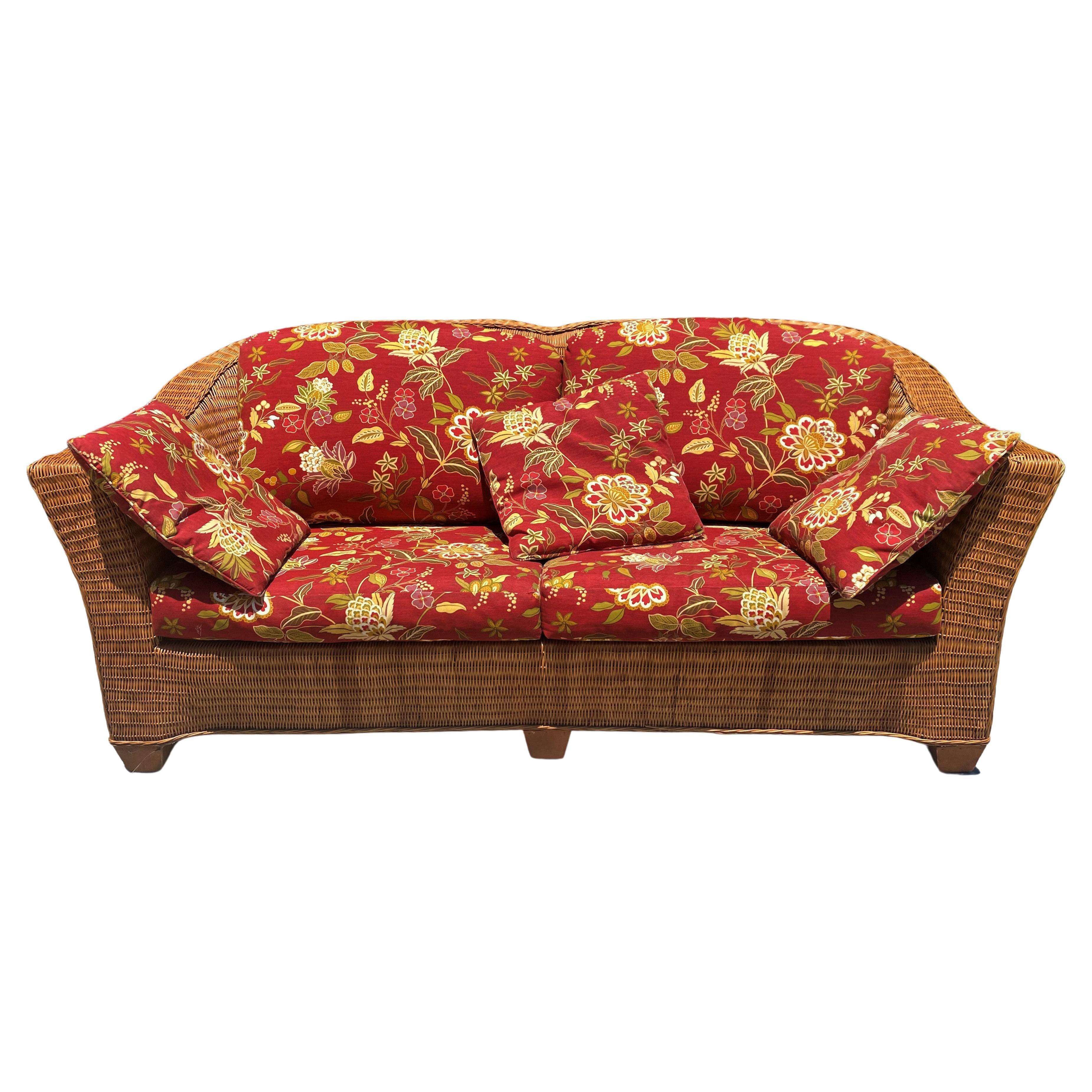 Modern Wicker Hump Back Red Floral Upholstered Loveseat For Sale