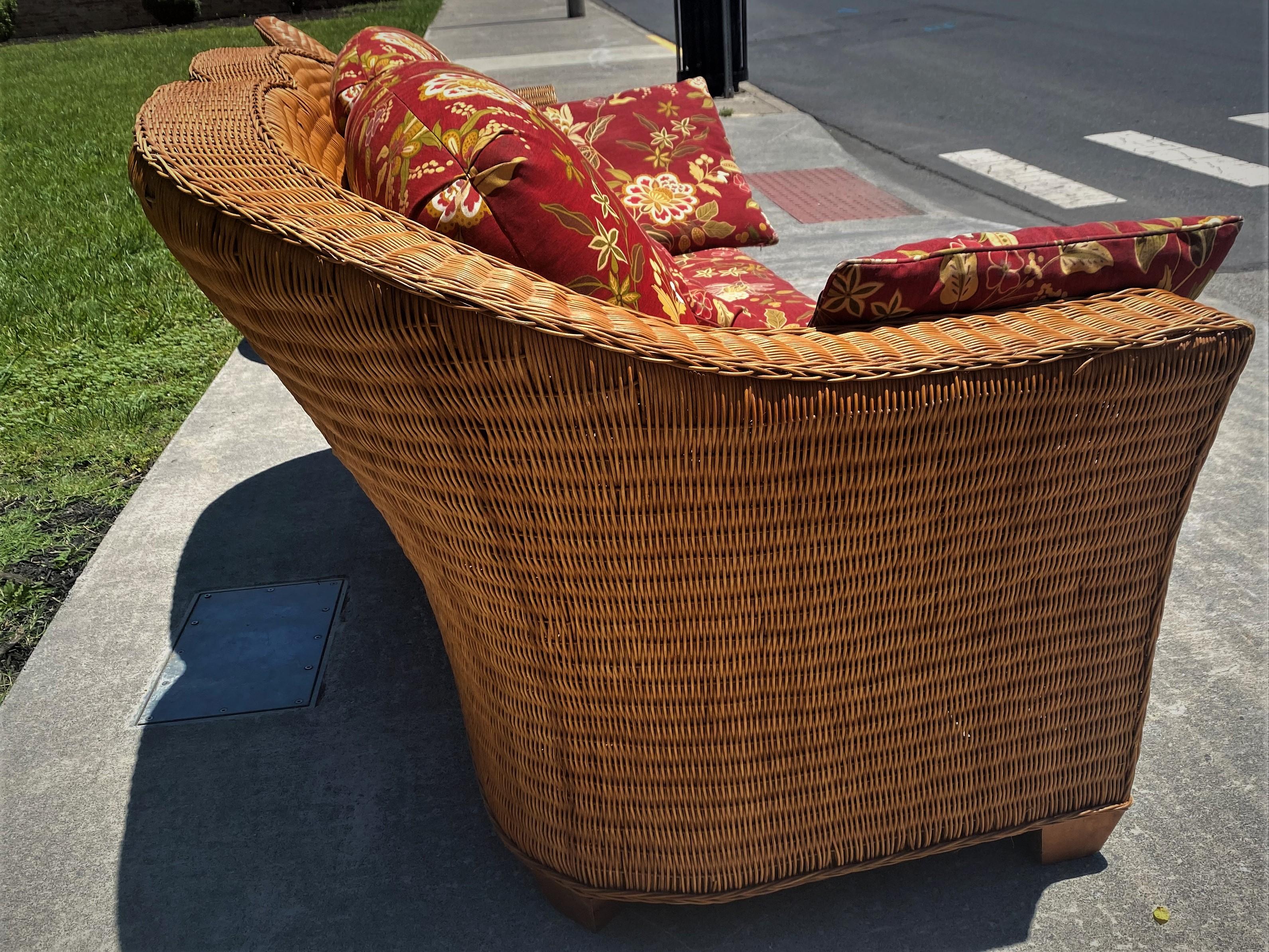 Modern Wicker Rattan Lounge Chair with Ottoman & Floral Upholstery For Sale 9