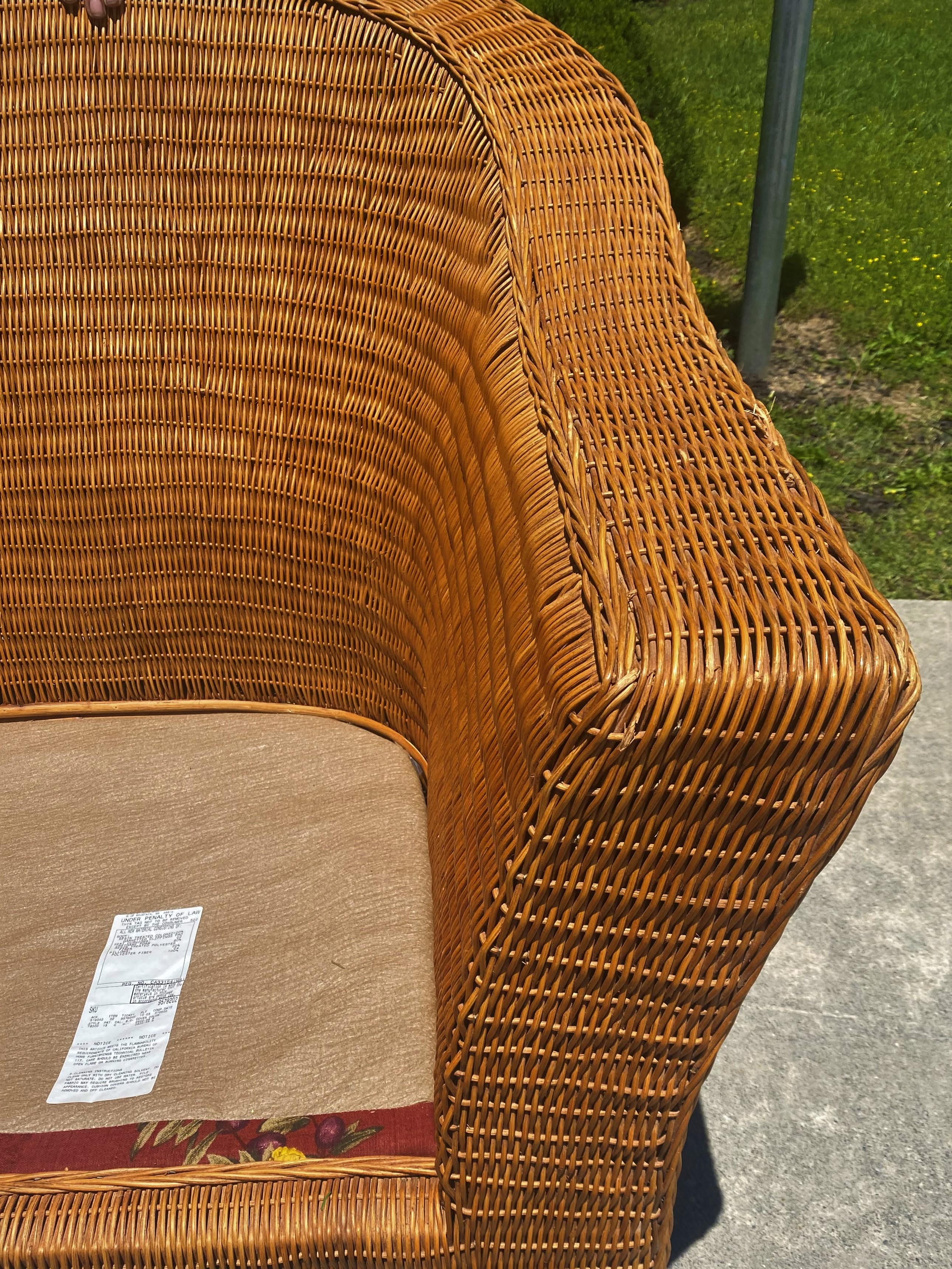Modern Wicker Rattan Lounge Chair with Ottoman & Floral Upholstery For Sale 8