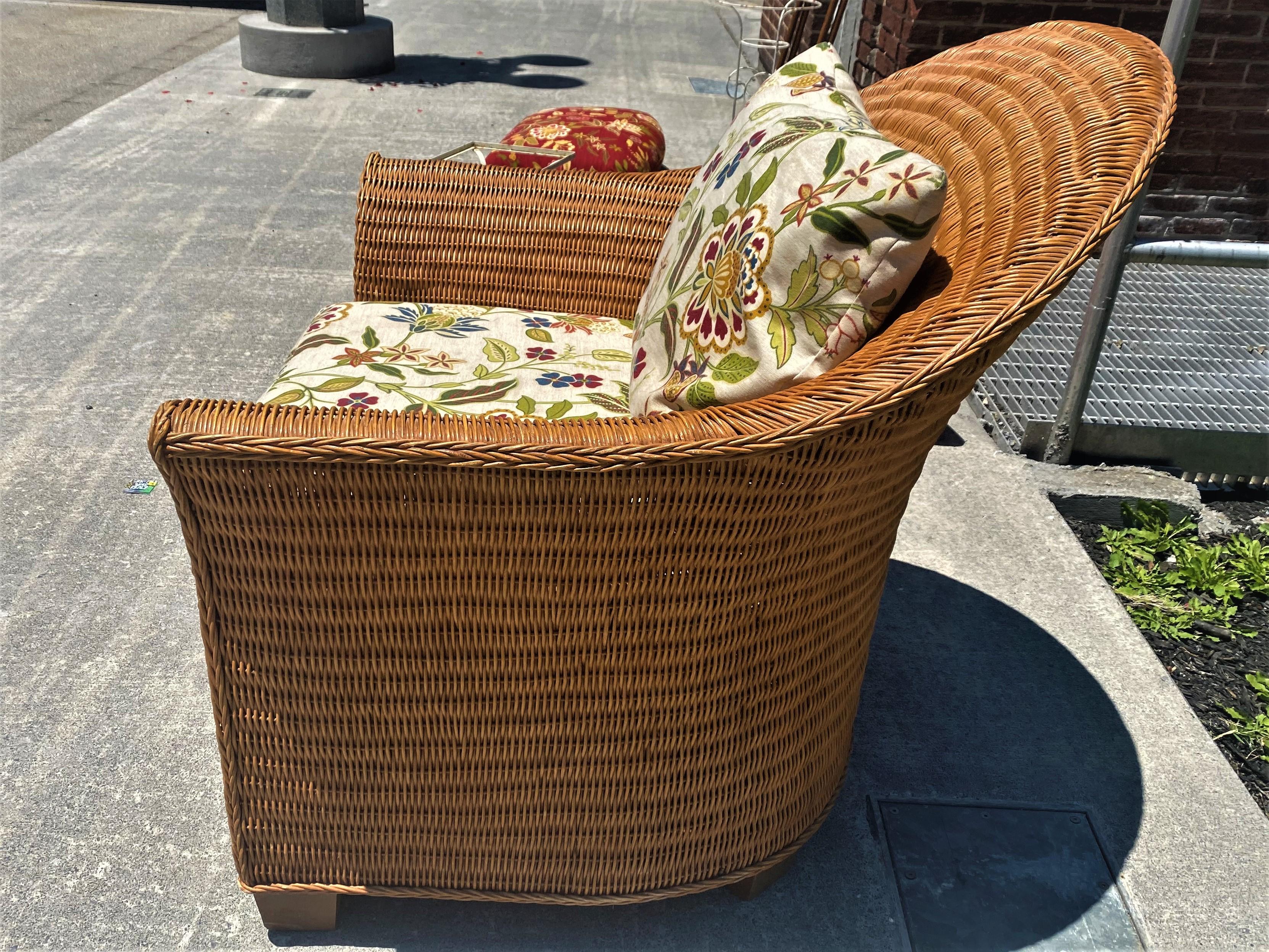 American Modern Wicker Rattan Lounge Chair with Ottoman & Floral Upholstery For Sale