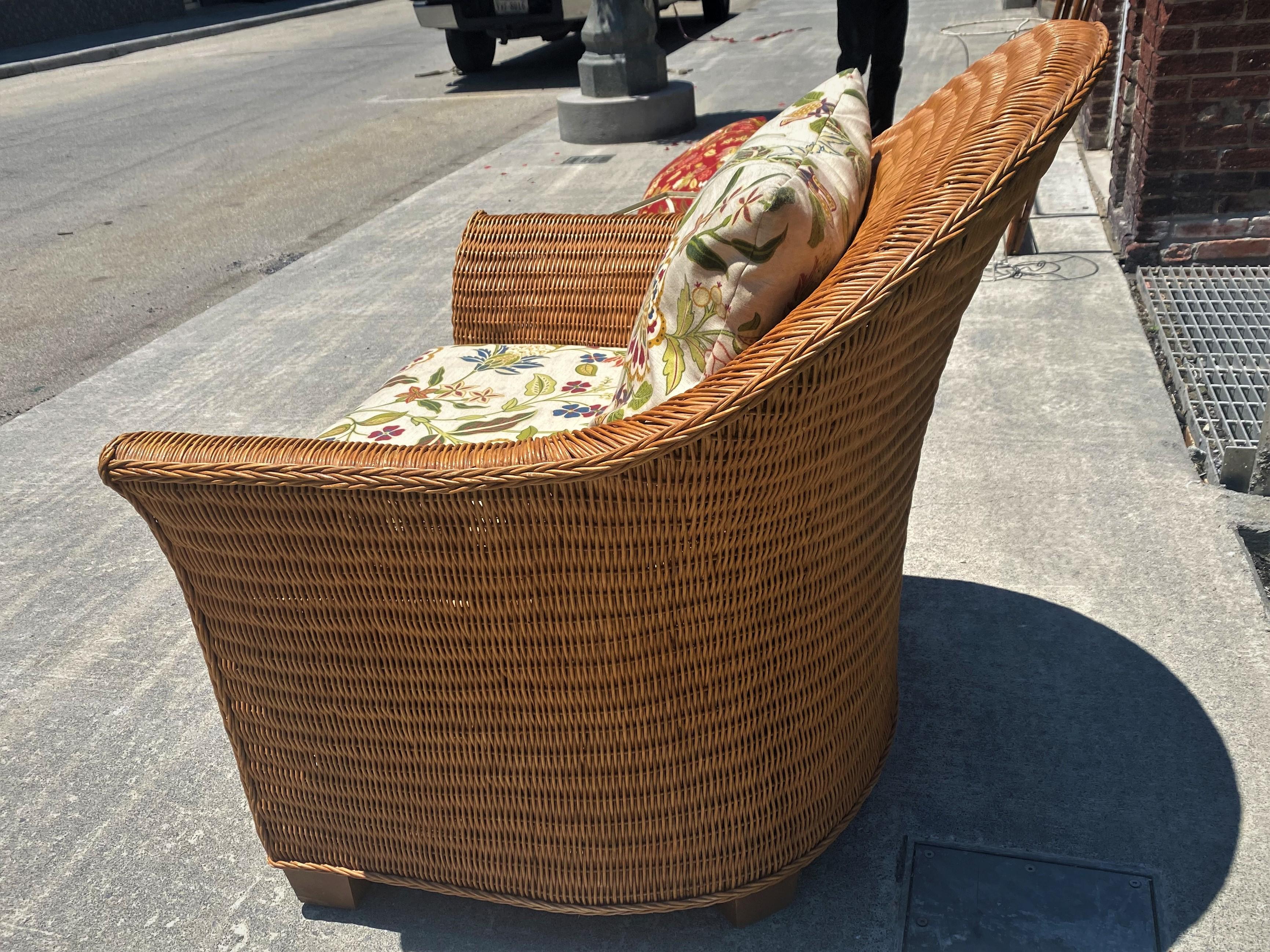 American Modern Wicker Rattan Lounge Chair with Ottoman & Floral Upholstery For Sale
