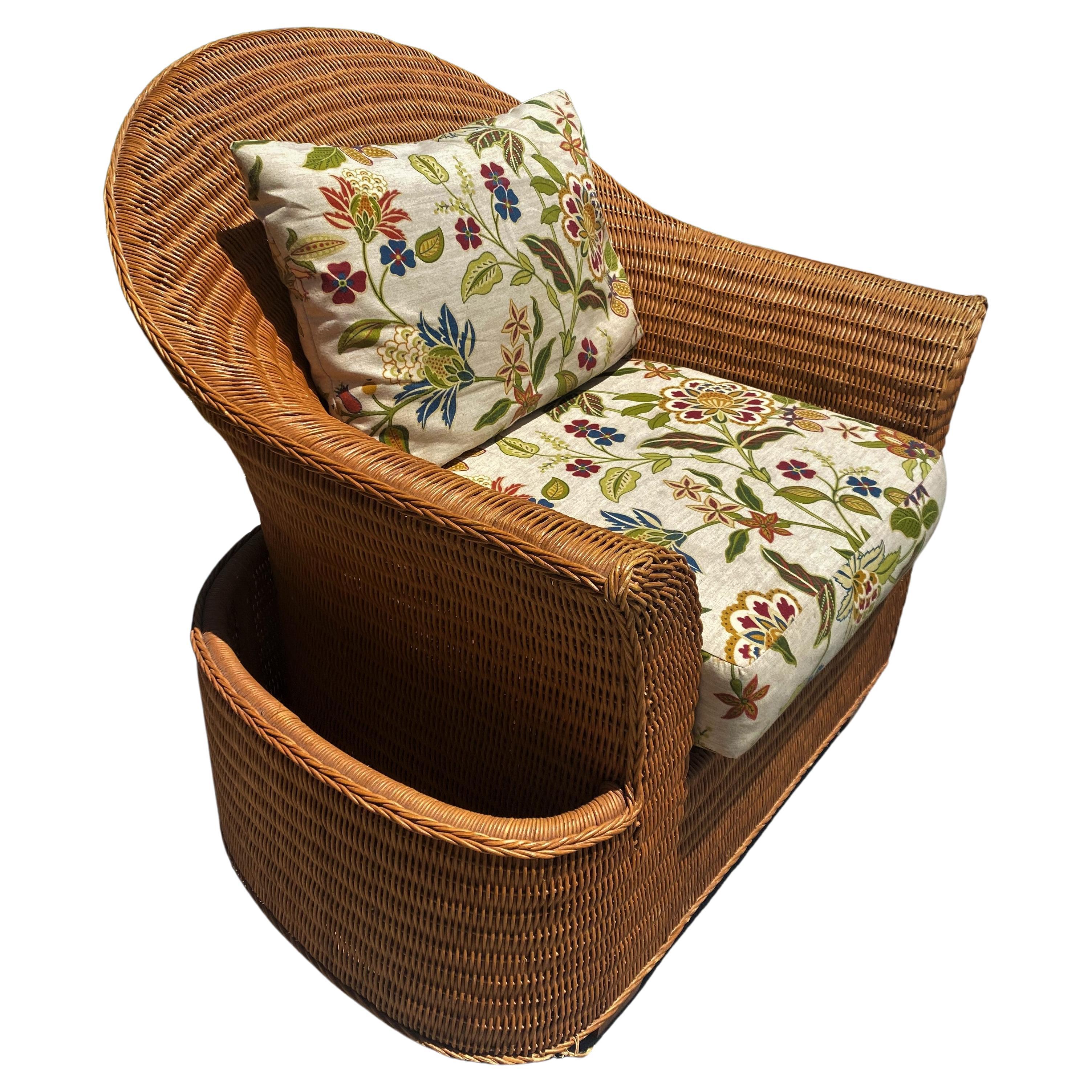 Modern Wicker Rattan Lounge Chair with Ottoman & Floral Upholstery