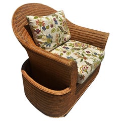 Used Modern Wicker Rattan Lounge Chair with Ottoman & Floral Upholstery