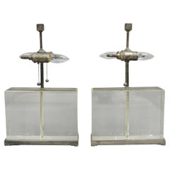 Modern Williams Sonoma Crystal Glass Block Phoenix Wide Table Lamps - a Pair