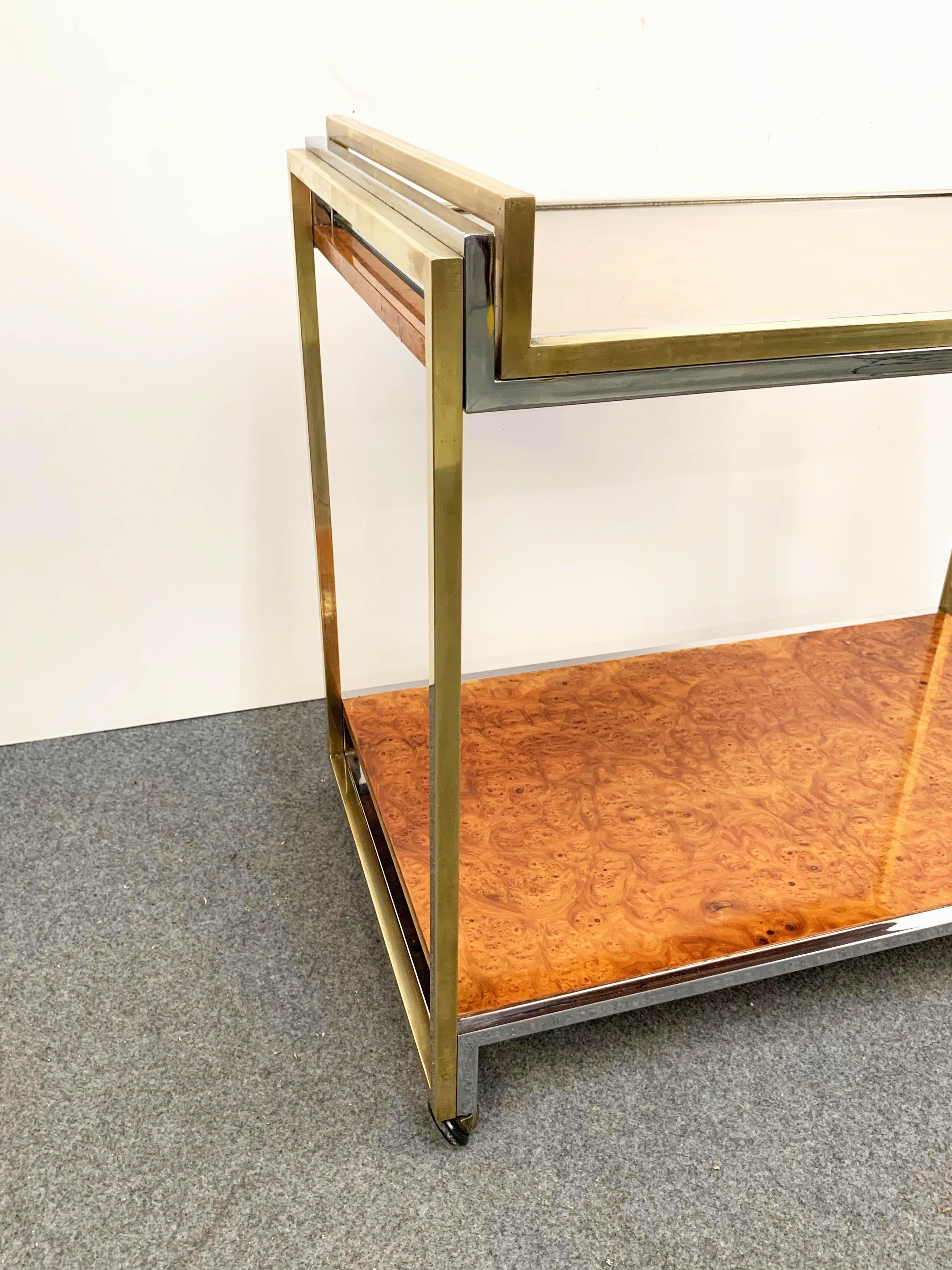 Modern Romeo Rega Brass and Briar Italian Bar Cart with Service Tray, 1980s For Sale 5