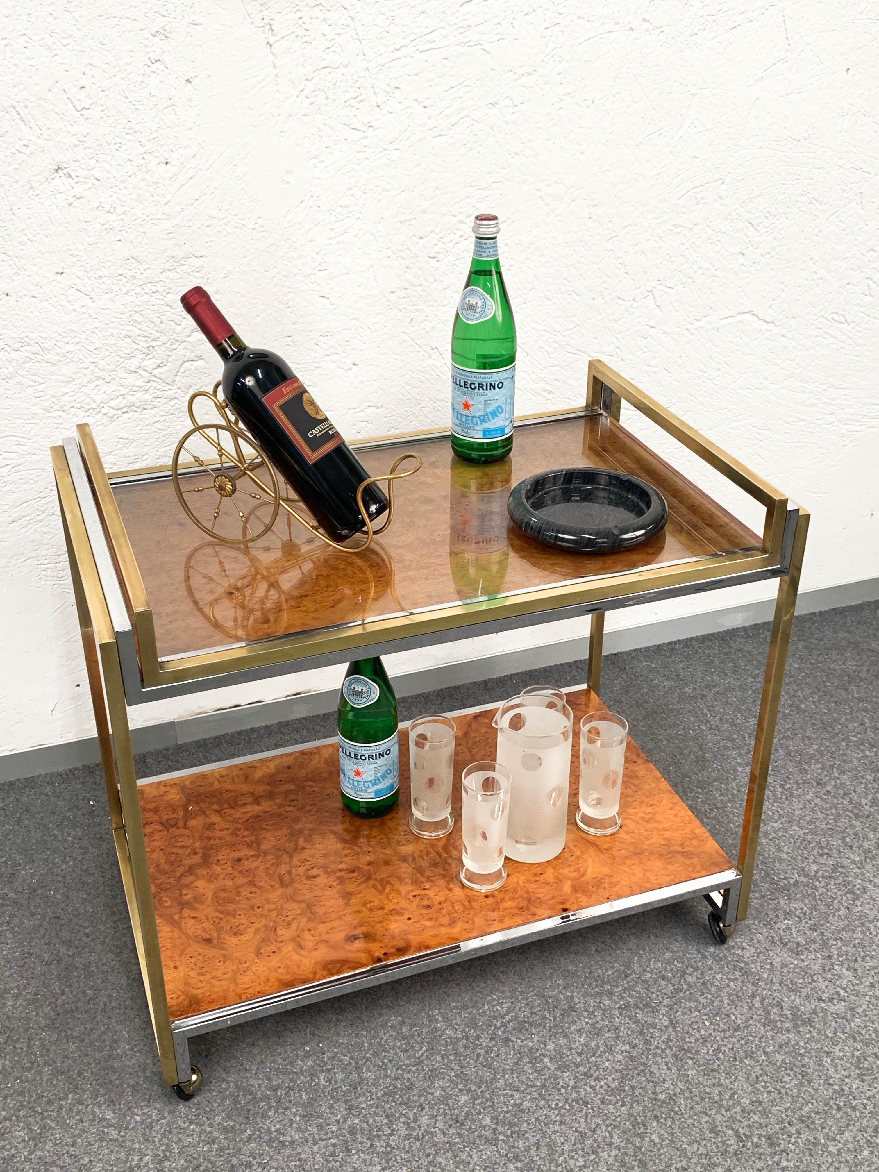 Modern Willy Rizzo Brass and Briar Italian Trolley with Service Tray, 1980s For Sale 9