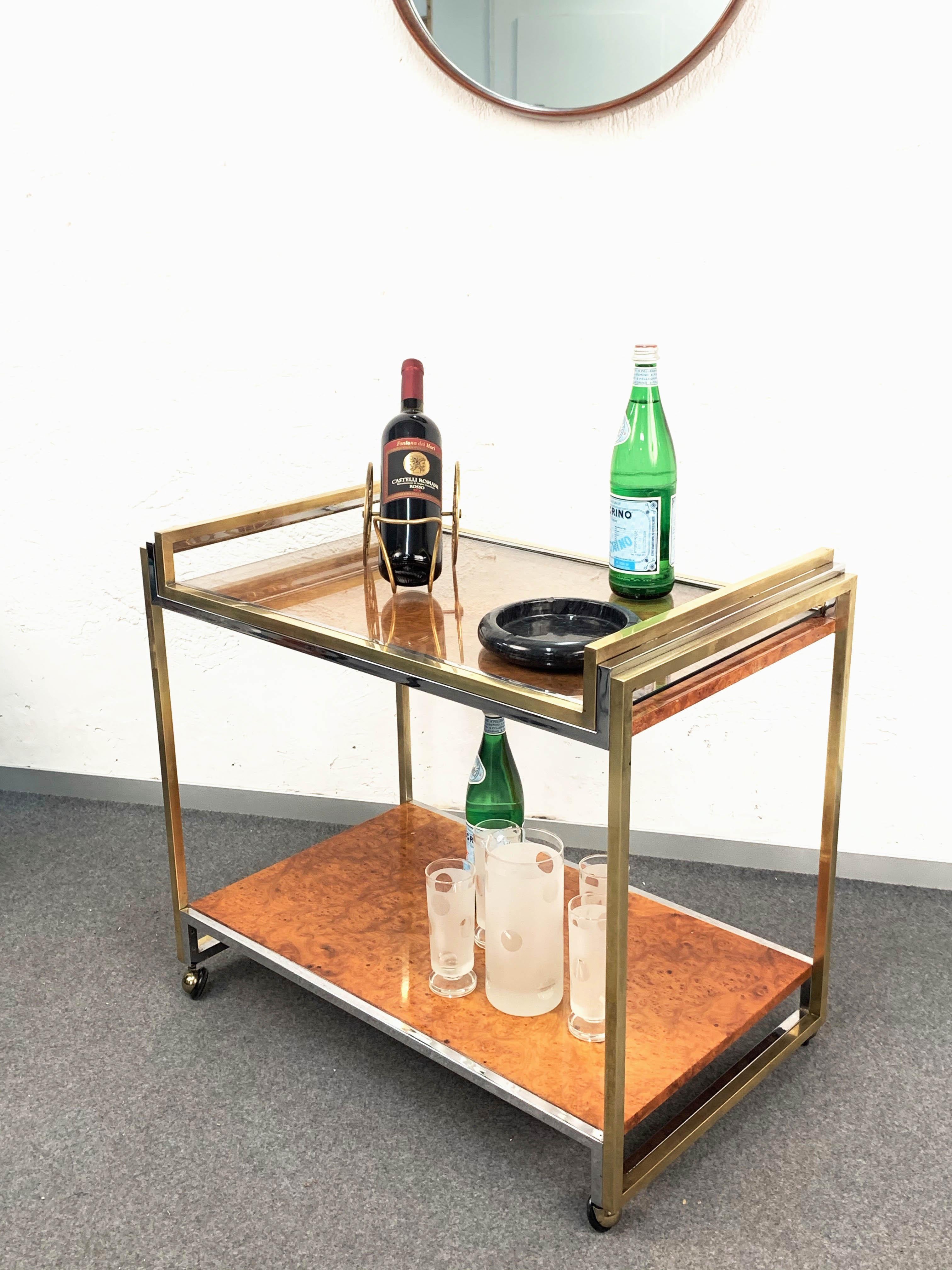 Modern Willy Rizzo Brass and Briar Italian Trolley with Service Tray, 1980s For Sale 11