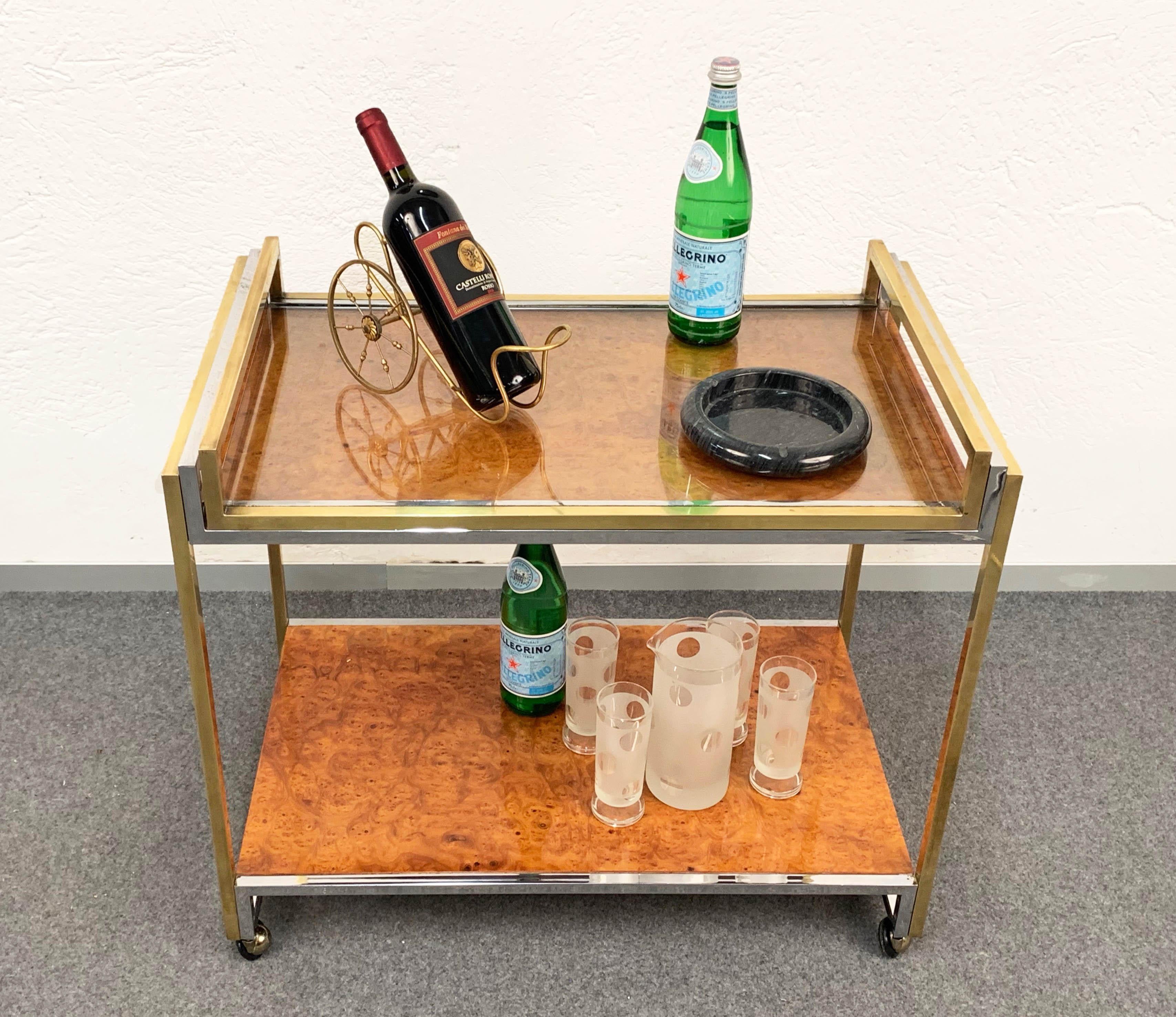 Modern Willy Rizzo Brass and Briar Italian Trolley with Service Tray, 1980s For Sale 13