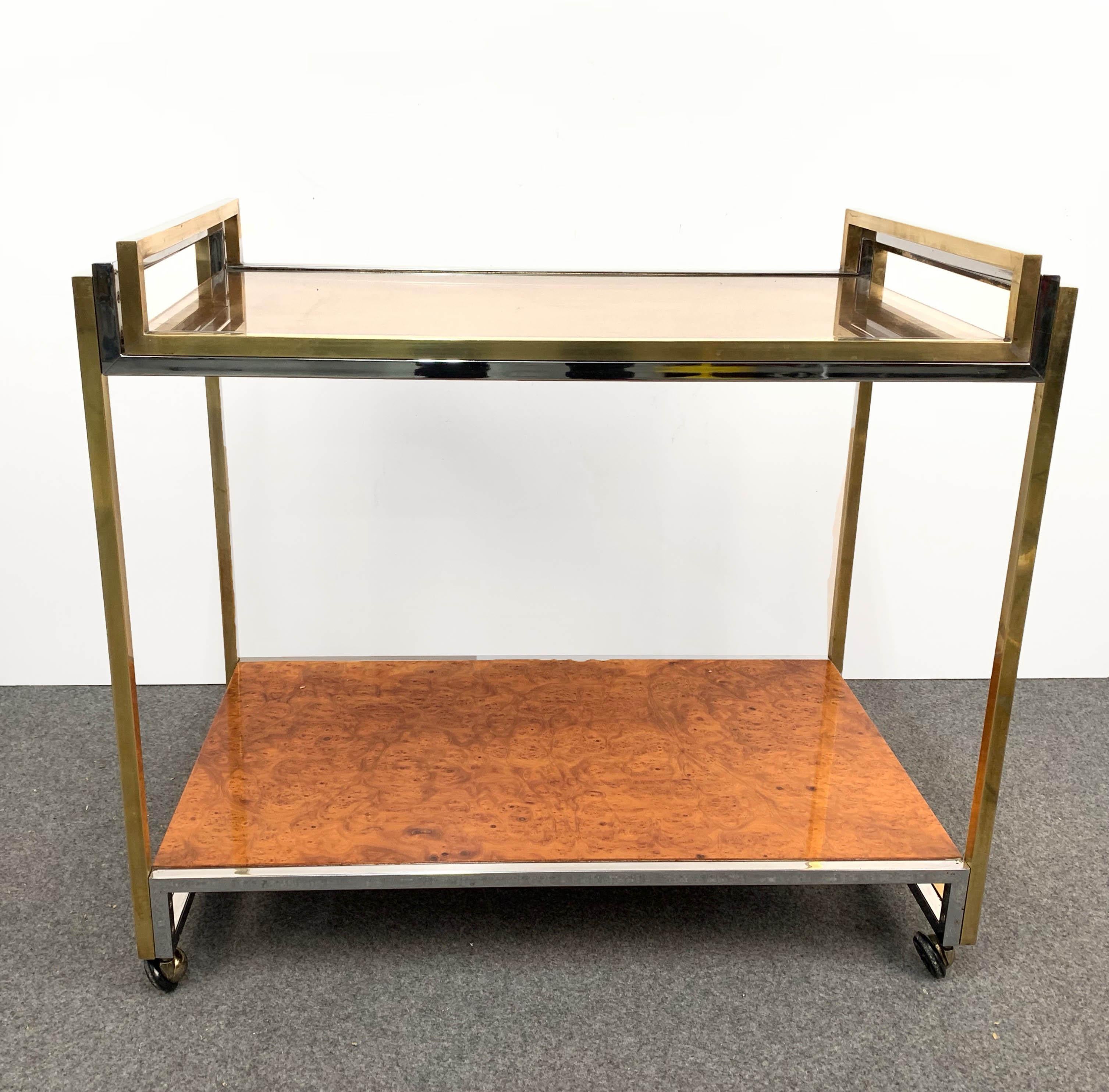 Modern Willy Rizzo Brass and Briar Italian Trolley with Service Tray, 1980s For Sale 1