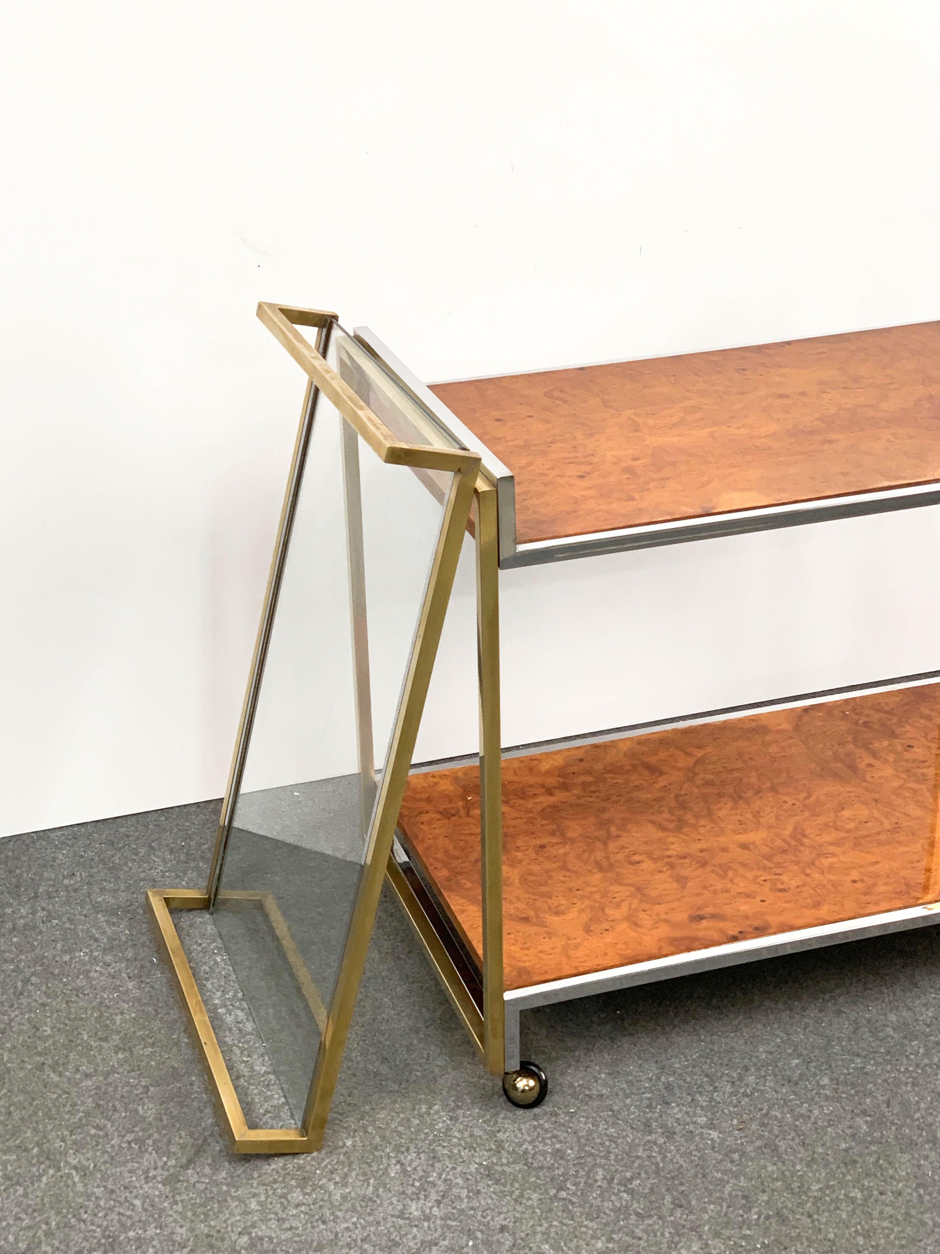 Modern Willy Rizzo Brass and Briar Italian Trolley with Service Tray, 1980s For Sale 3