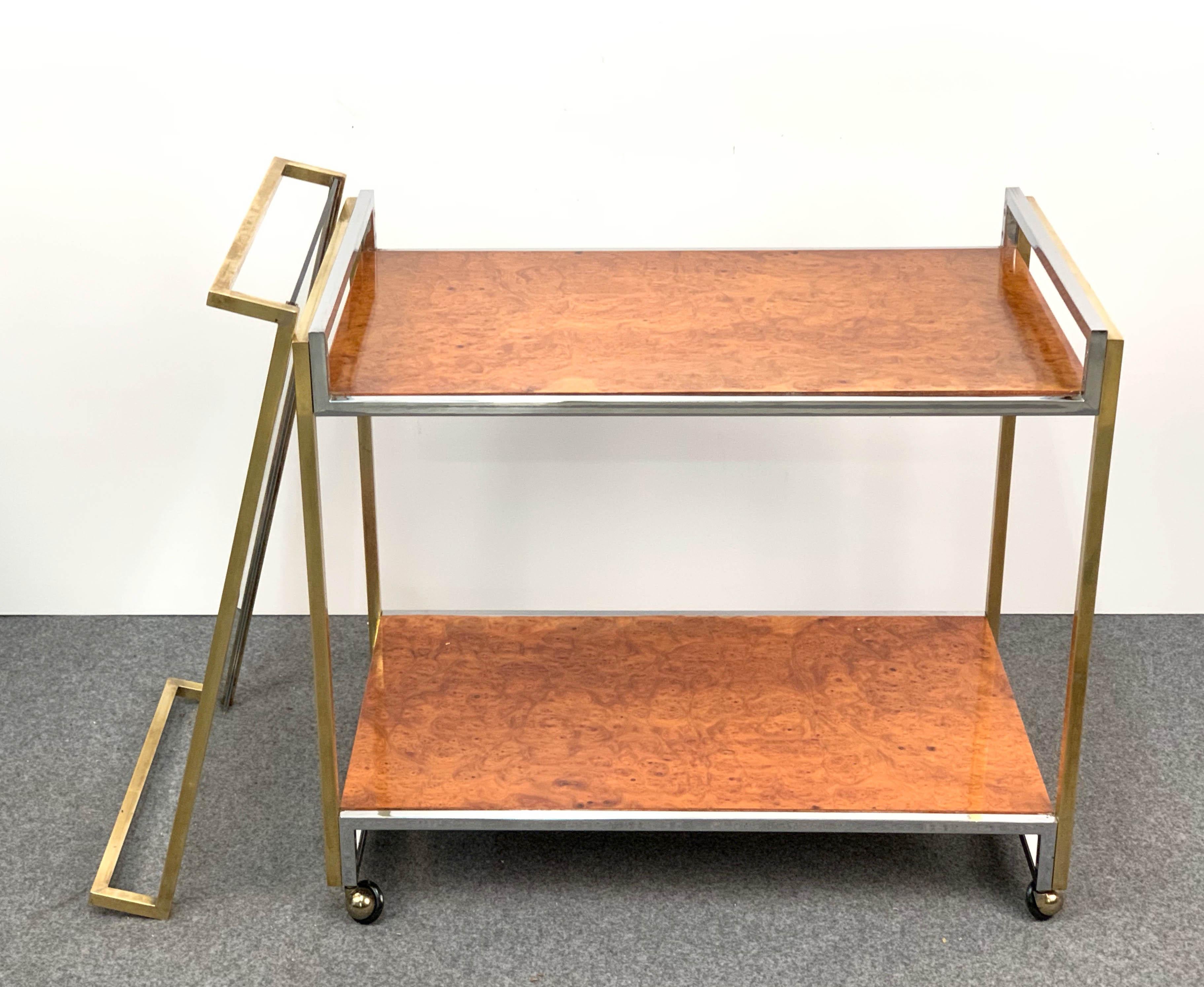 Modern Willy Rizzo Brass and Briar Italian Trolley with Service Tray, 1980s For Sale 4