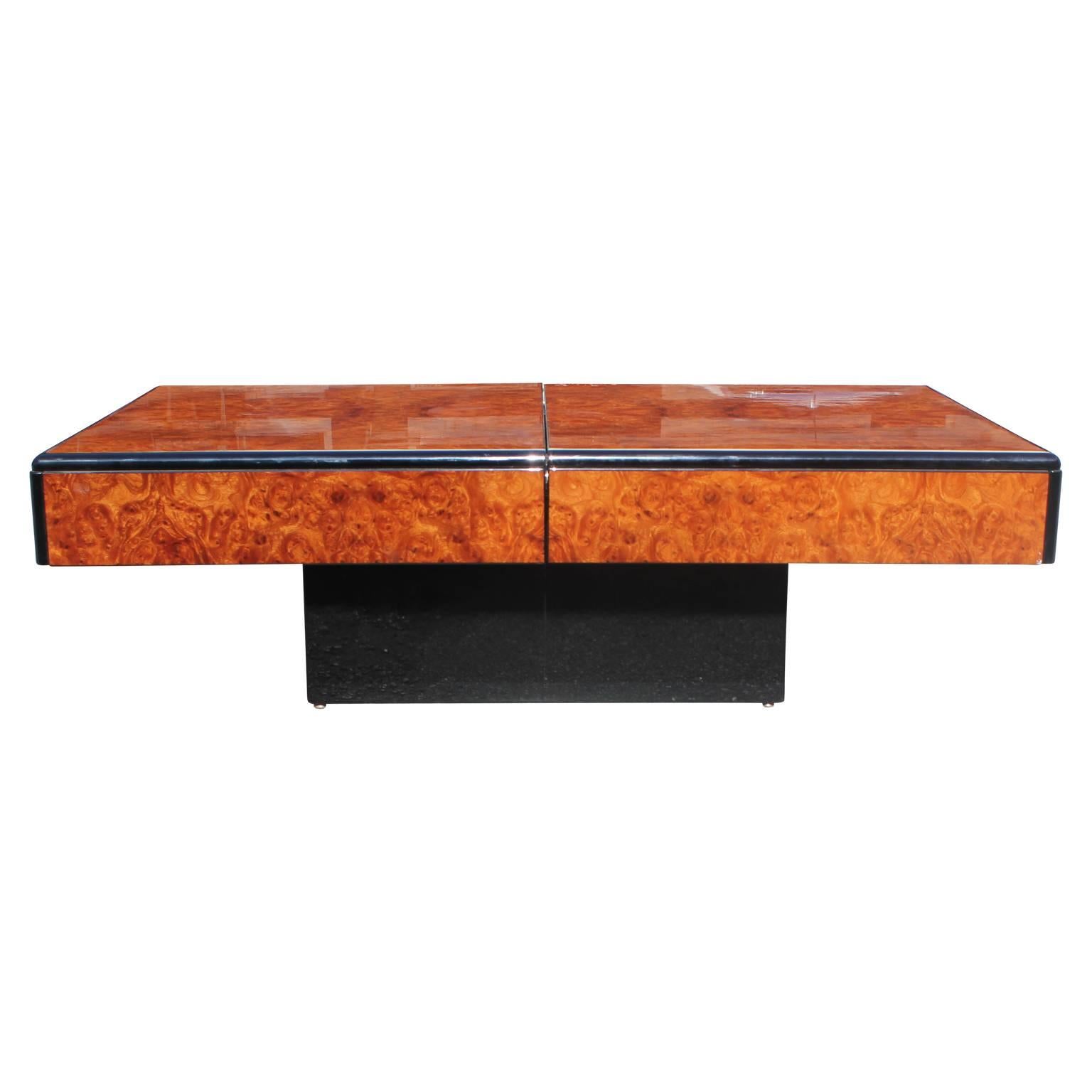 Modern Willy Rizzo Style Burl Wood and Mirrored Sliding Bar Coffee Table In Excellent Condition In Houston, TX