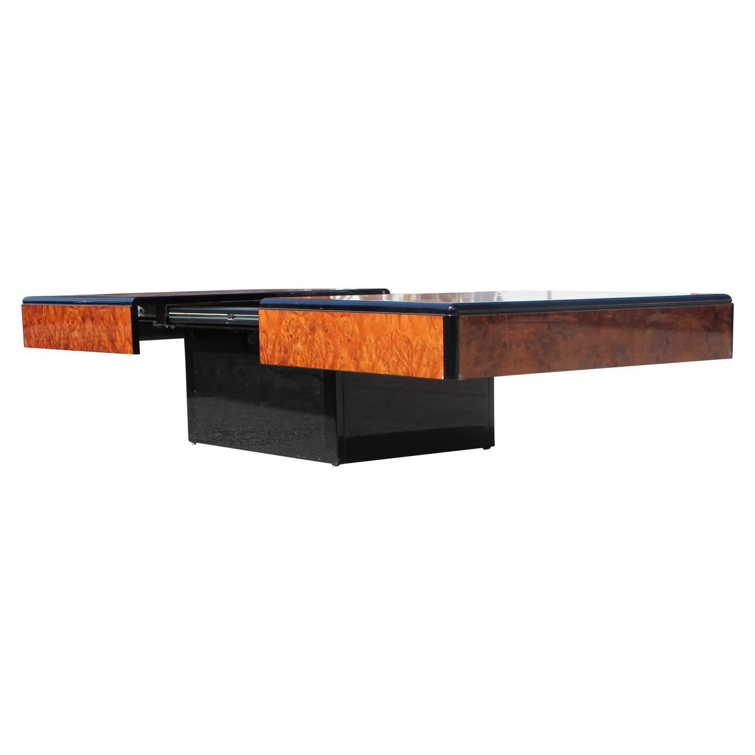 Mid-20th Century Modern Willy Rizzo Style Burl Wood and Mirrored Sliding Bar Coffee Table