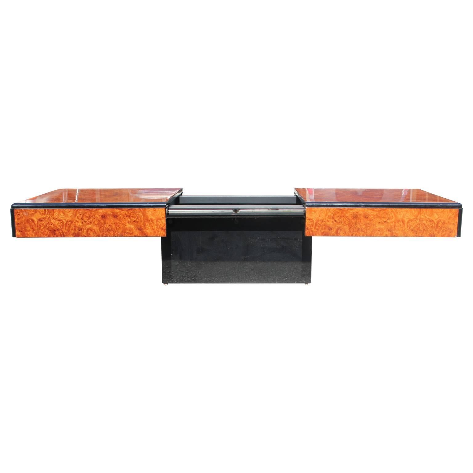 Modern Willy Rizzo Style Burl Wood and Mirrored Sliding Bar Coffee Table 1