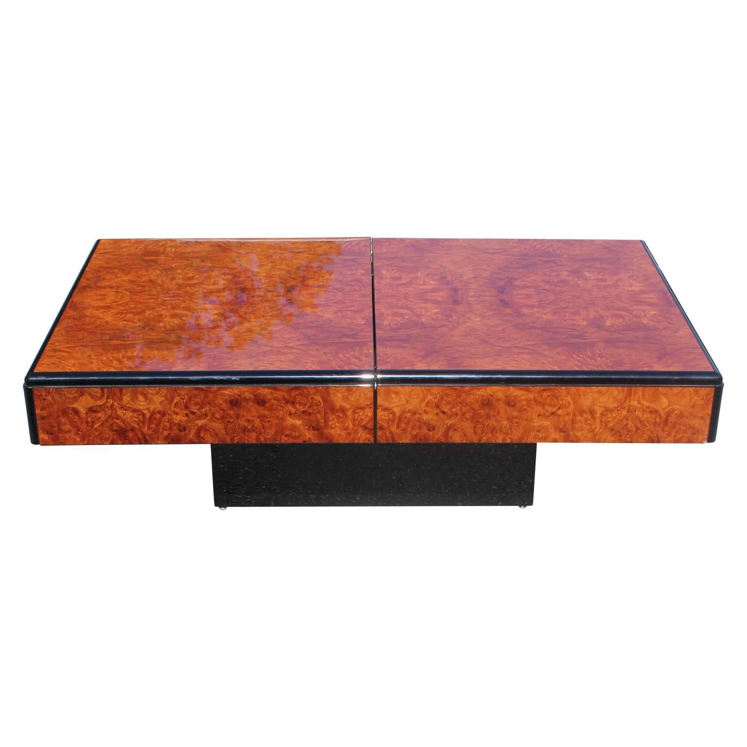 Modern Willy Rizzo Style Burl Wood and Mirrored Sliding Bar Coffee Table 2