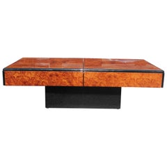 Table basse de bar moderne en bois de ronce et miroir de style Willy Rizzo